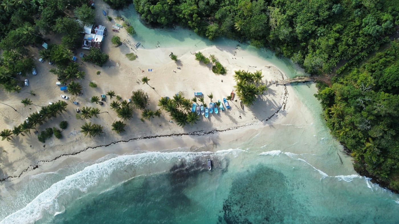 Aerial view of Playa Rincón and the Caño Frío river in Samaná, Dominican Republic